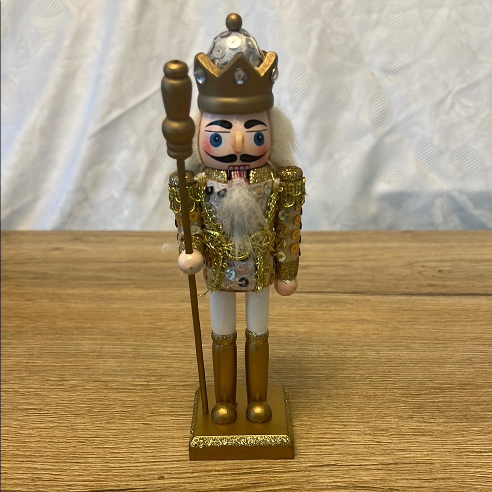 Christmas Nutcracker Gold and White wood Figurine Multicolor decoration 7.5"
